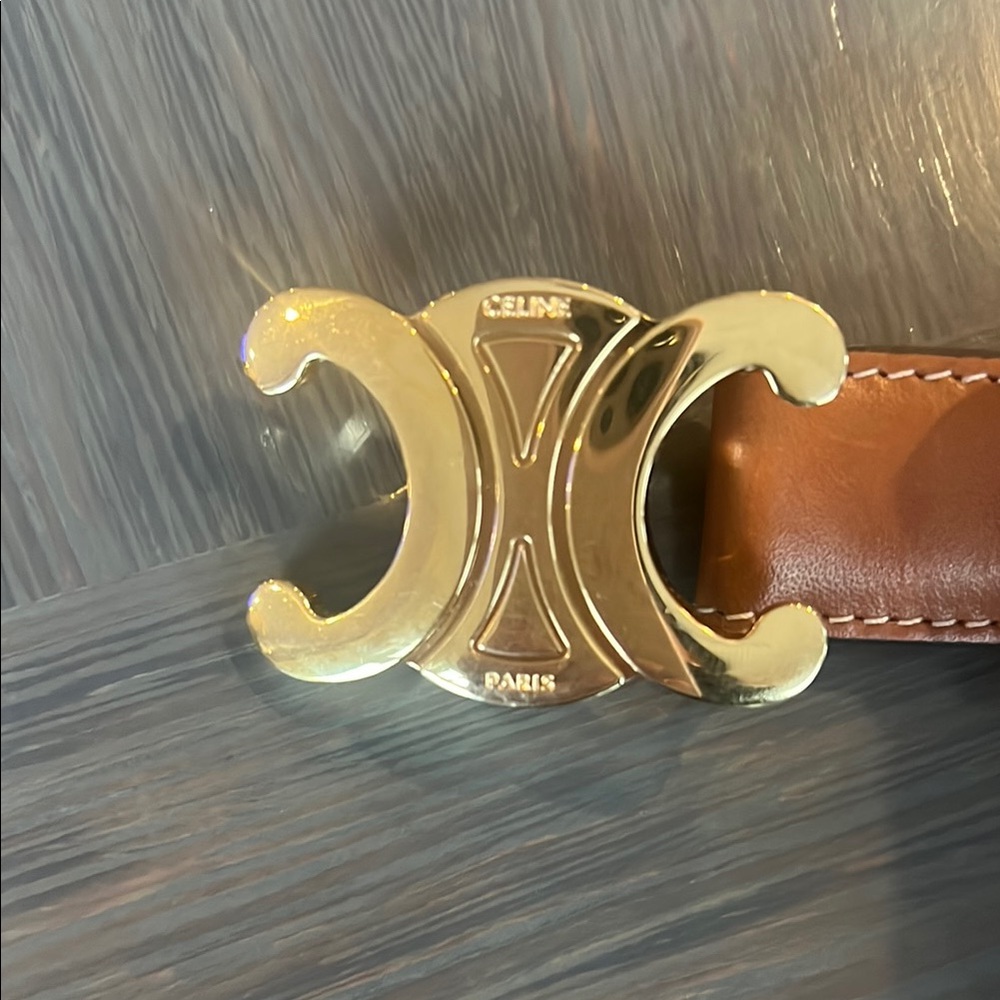 Celine Tan Leather Belt with Gold Buckle
